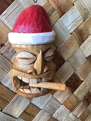 New 4" Smokin' Santa Tiki Christmas Ornament / Pendant Wood Hawaii 1120