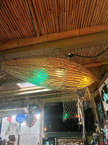 Trader Vic's style Fish trap with 3 real puffer fish lamps inside