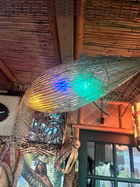 Trader Vic's style Fish trap with 3 real puffer fish lamps inside