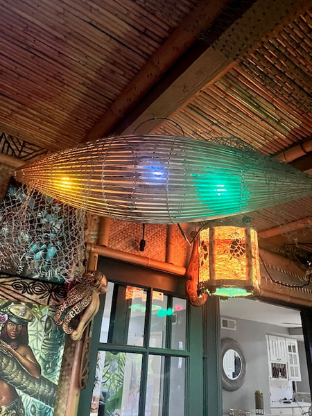 Trader Vic's style Fish trap with 3 real puffer fish lamps inside