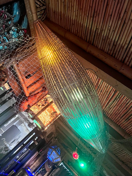 Trader Vic's style Fish trap with 3 real puffer fish lamps inside