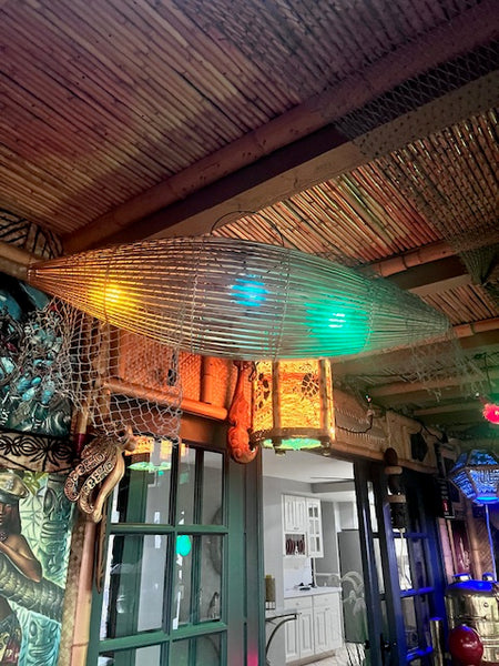 Trader Vic's style Fish trap with 3 real puffer fish lamps inside