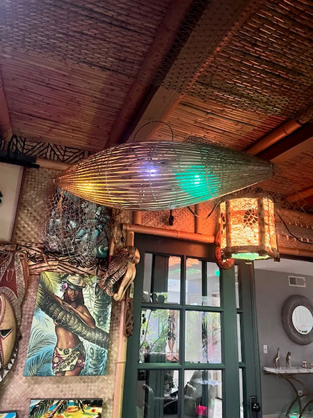 Trader Vic's style Fish trap with 3 real puffer fish lamps inside