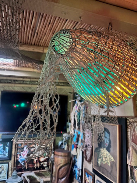 Trader Vic's style Fish trap with 3 real puffer fish lamps inside