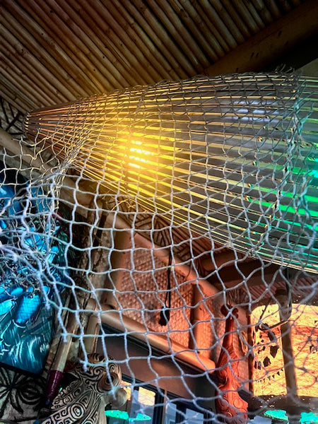 Trader Vic's style Fish trap with 3 real puffer fish lamps inside