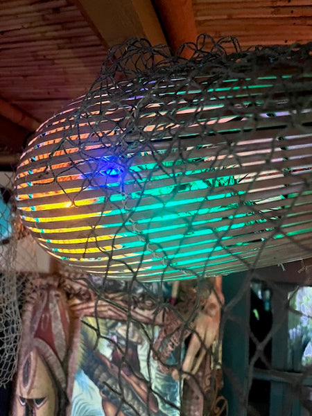 Trader Vic's style Fish trap with 3 real puffer fish lamps inside
