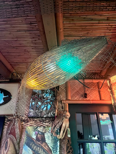 Trader Vic's style Fish trap with 3 real puffer fish lamps inside