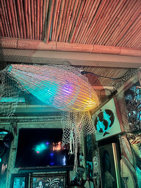 Trader Vic's style Fish trap with 3 real puffer fish lamps inside