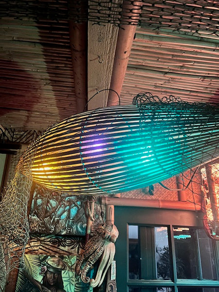 Trader Vic's style Fish trap with 3 real puffer fish lamps inside