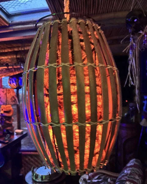 Retro Rattan Lamp w/real Tapa cloth wrap and flame bulb