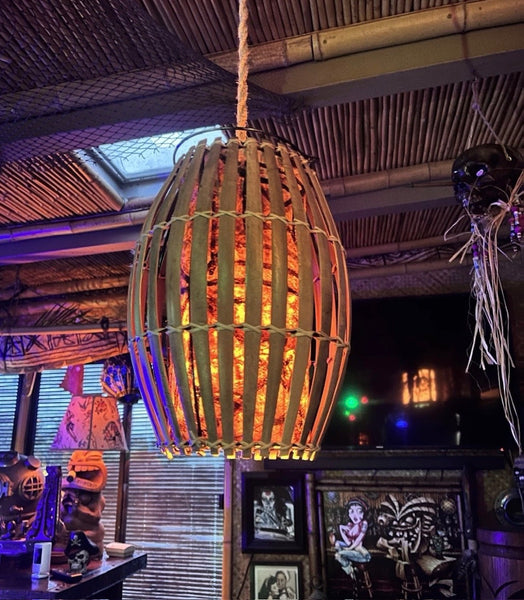 Retro Rattan Lamp w/real Tapa cloth wrap and flame bulb