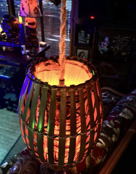 Retro Rattan Lamp w/real Tapa cloth wrap and flame bulb