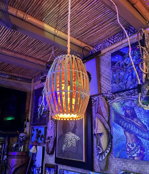 Retro Rattan Lamp w/real Tapa cloth wrap and flame bulb
