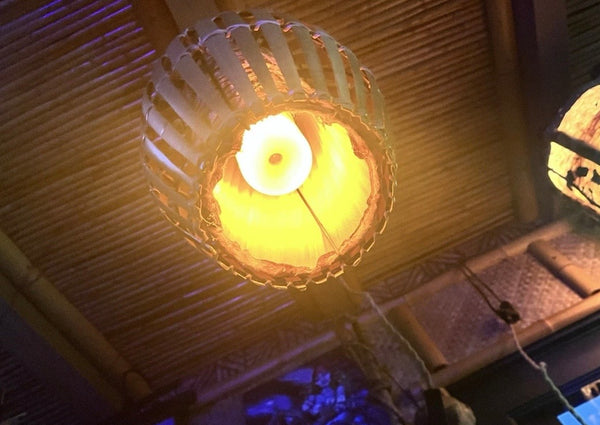 Retro Rattan Lamp w/real Tapa cloth wrap and flame bulb