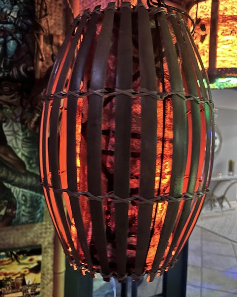 Retro Rattan Lamp w/real Tapa cloth wrap and flame bulb