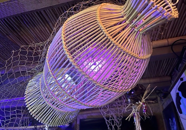 Rattan Fish Trap Lamp w/ real Pufferfish Color Changing LED bulb Oceanic