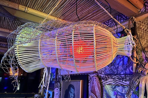 Rattan Fish Trap Lamp w/ real Pufferfish Color Changing LED bulb Oceanic