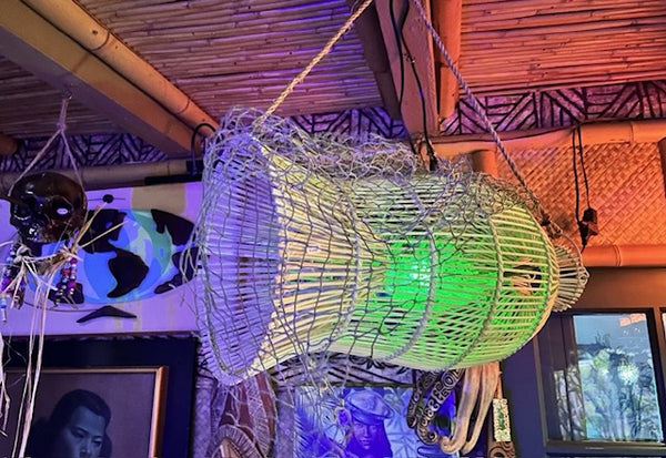 Rattan Fish Trap Lamp w/ real Pufferfish Color Changing LED bulb Oceanic