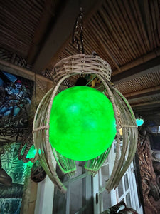 NEW Rattan Lamp With Green Globe and Green LED Light Tiki bar Decor