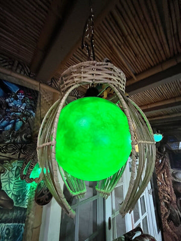 NEW Rattan Lamp With Green Globe and Green LED Light Tiki bar Decor