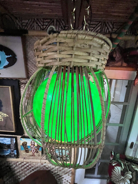 NEW Rattan Lamp With Green Globe and Green LED Light Tiki bar Decor