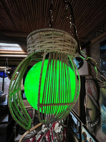 NEW Rattan Lamp With Green Globe and Green LED Light Tiki bar Decor