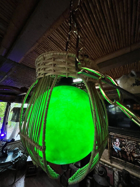 NEW Rattan Lamp With Green Globe and Green LED Light Tiki bar Decor