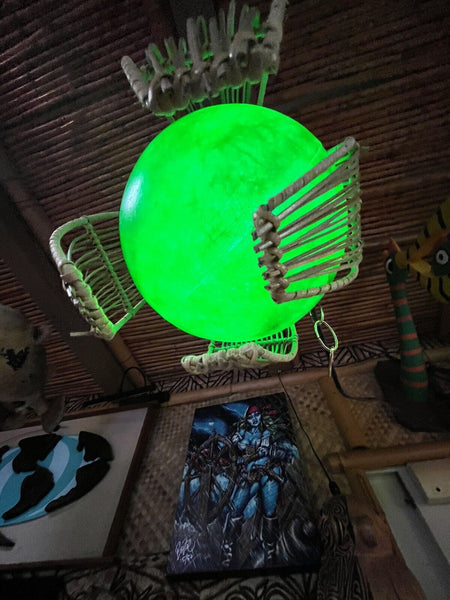 NEW Rattan Lamp With Green Globe and Green LED Light Tiki bar Decor