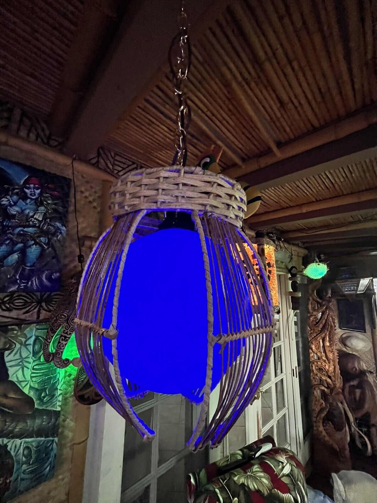 NEW Rattan Lamp With Blue Globe and Blue LED Light Tiki bar Decor