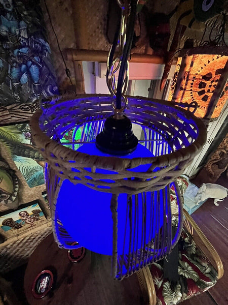 NEW Rattan Lamp With Blue Globe and Blue LED Light Tiki bar Decor