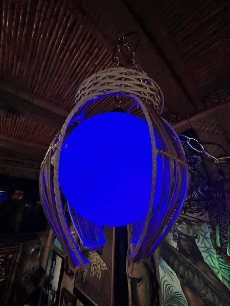 NEW Rattan Lamp With Blue Globe and Blue LED Light Tiki bar Decor