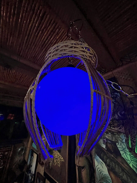 NEW Rattan Lamp With Blue Globe and Blue LED Light Tiki bar Decor