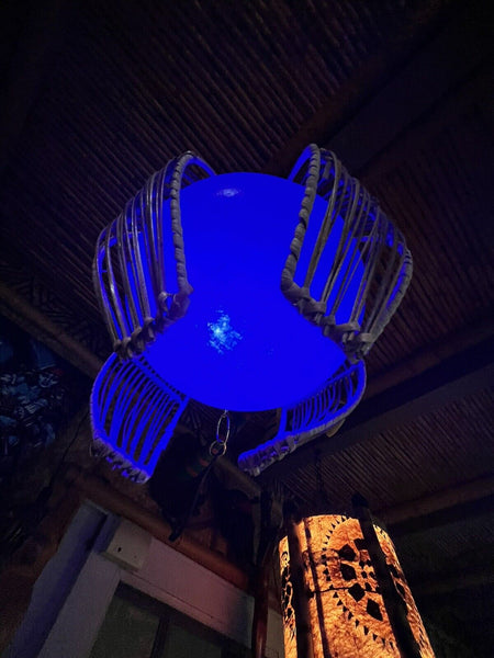 NEW Rattan Lamp With Blue Globe and Blue LED Light Tiki bar Decor