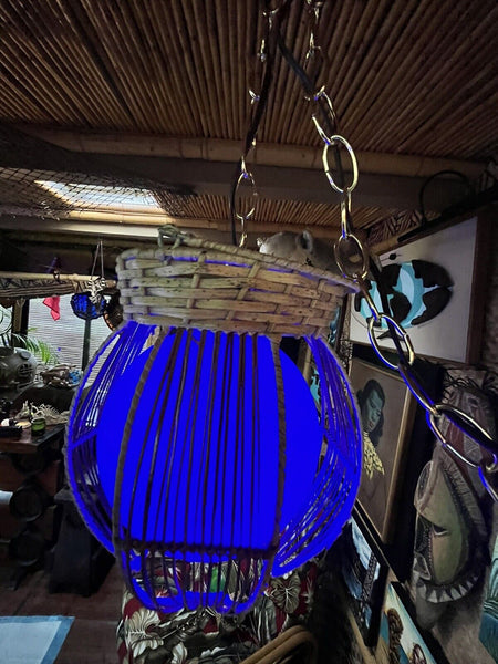 NEW Rattan Lamp With Blue Globe and Blue LED Light Tiki bar Decor