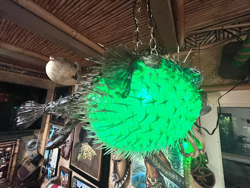 NEW 15" Puffer Fish Lamp w/ green LED Light Tiki bar Smokin Tikis