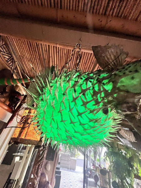 NEW 17"-18" Puffer Fish Lamp w/ green LED Light Tiki bar Smokin Tikis
