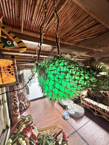 NEW 17"-18" Puffer Fish Lamp w/ green LED Light Tiki bar Smokin Tikis