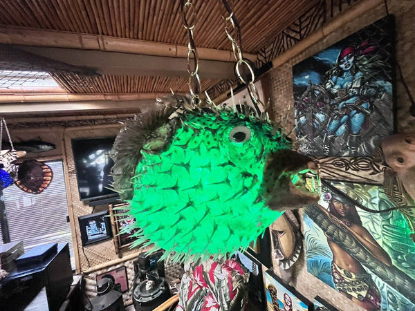 NEW 17"-18" Puffer Fish Lamp w/ green LED Light Tiki bar Smokin Tikis